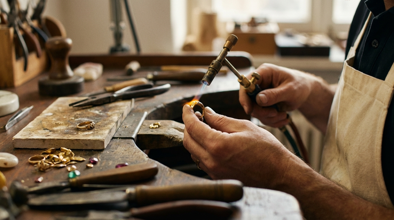 Mestre ourives consertando joia de ouro em Goiânia